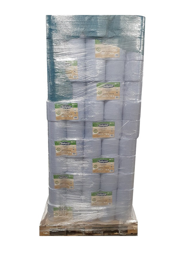 Pallet of BulkySoft Premium Blue Centrefeed Rolls 150M