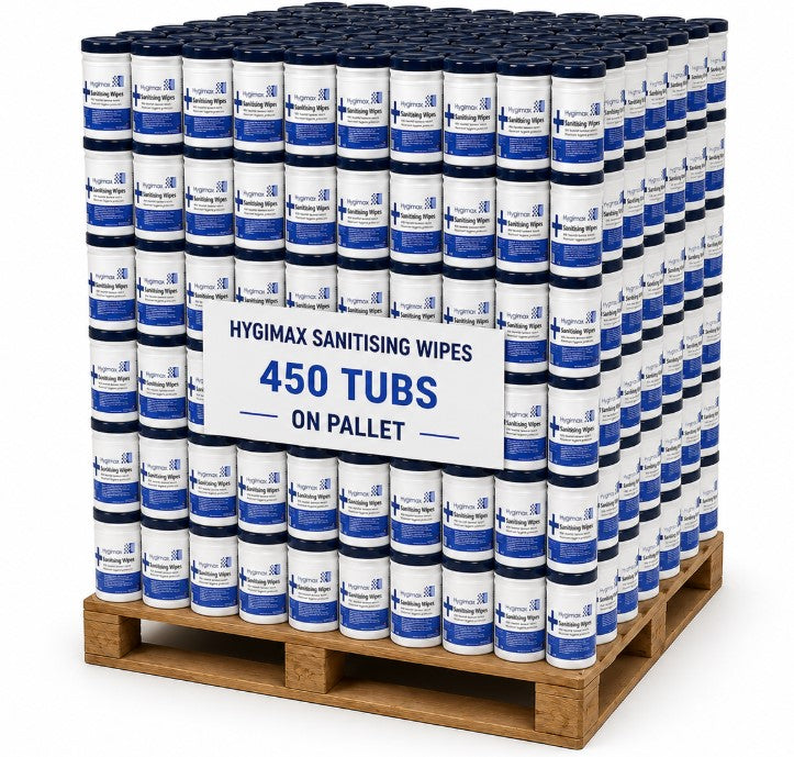 Hygimax Antibacterial Sanitising Hand and Surface Wipes Pallet of 450 Tubs