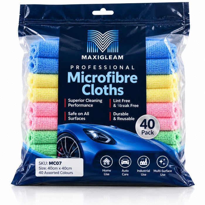 MAXIGLEAM Microfibre Cloths 40x40cms Mixed Colours Pack of 40